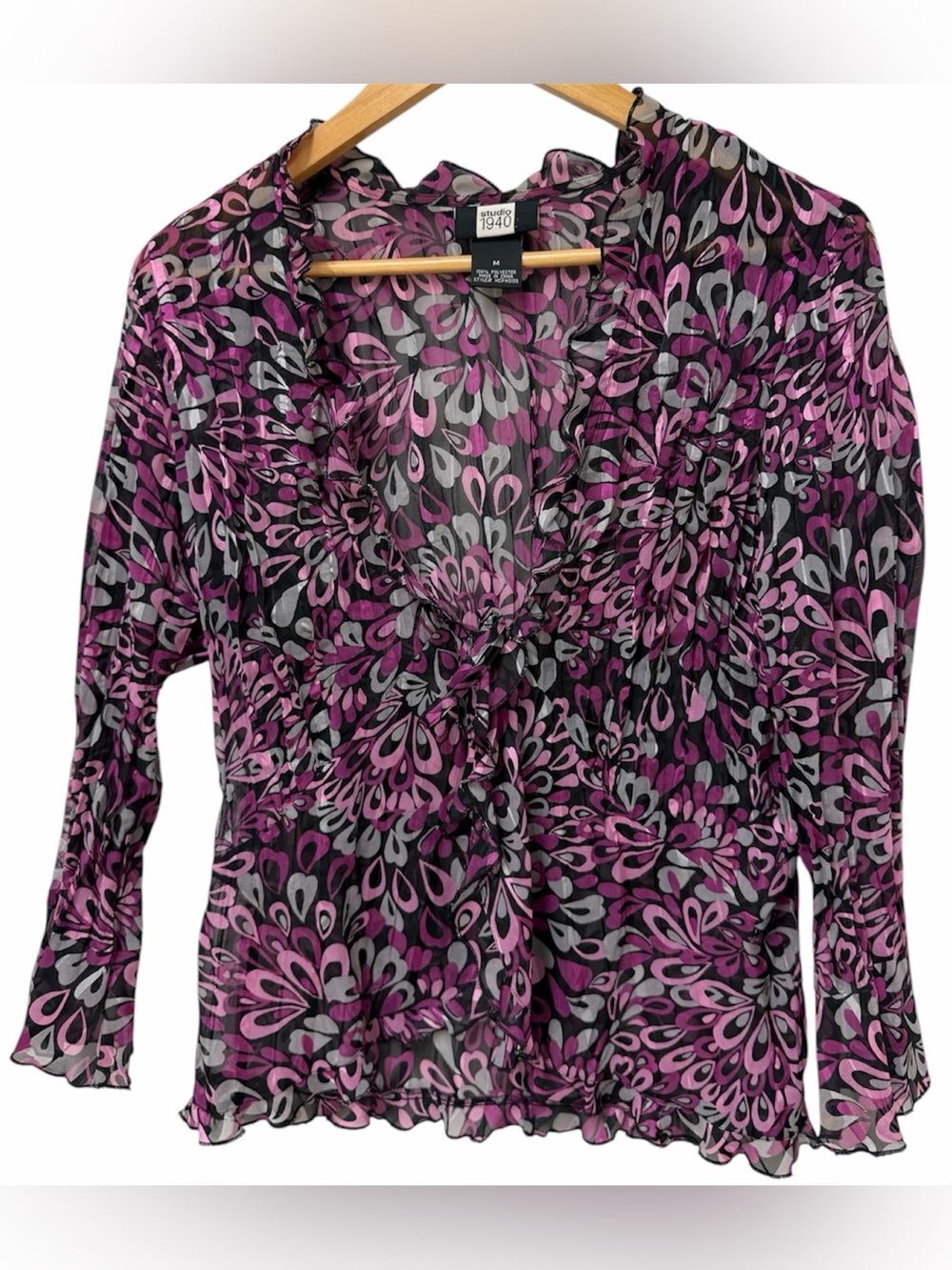 Vintage Y2K Studio 1940 Sheer Purple & Grey Floral Mesh Tie-Front Blouse